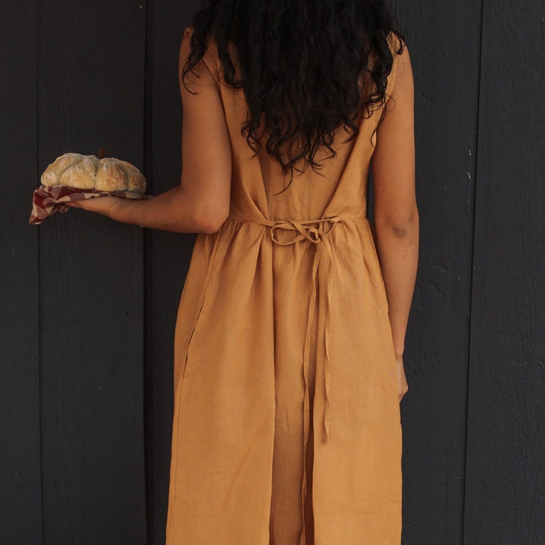 Etsy Amber Yellow Sleeveless Linen Dress SONOMA /Midi Dress With Tie-back Detail /Bridesmaids Linen / Linen Wedding Dress /Fall Linen Dress