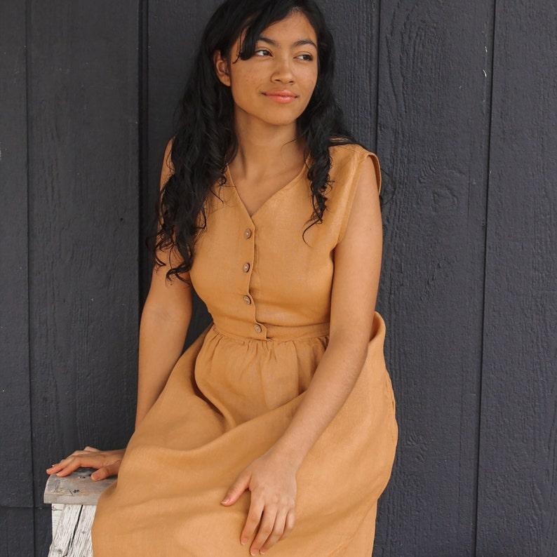 Etsy Amber Yellow Sleeveless Linen Dress SONOMA /Midi Dress With Tie-back Detail /Bridesmaids Linen / Linen Wedding Dress /Fall Linen Dress