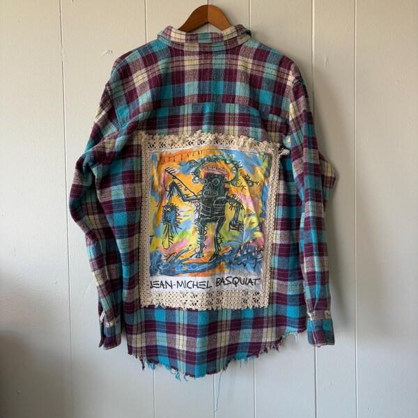 Etsy Basquiat Upcycled Distressed Flannel Shirt Jacket