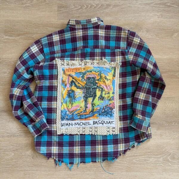 Etsy Basquiat Upcycled Distressed Flannel Shirt Jacket