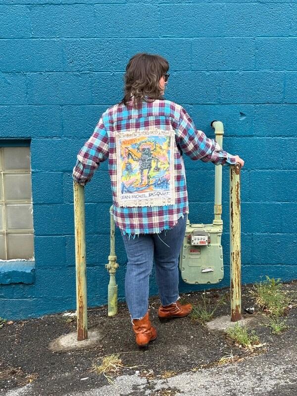 etsy Basquiat Upcycled Distressed Flannel Shirt Jacket