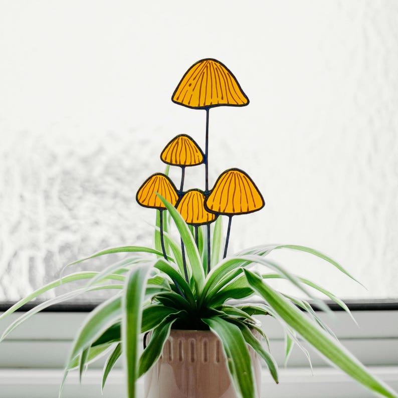 Etsy Brown Mushrooms Stained Glass Plant Stake. Beautiful Handmade Decoration For Plant Lovers. Perfect Housewarming Gift