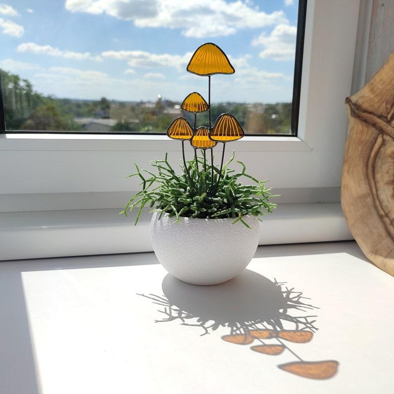 Etsy Brown Mushrooms Stained Glass Plant Stake. Beautiful Handmade Decoration For Plant Lovers. Perfect Housewarming Gift
