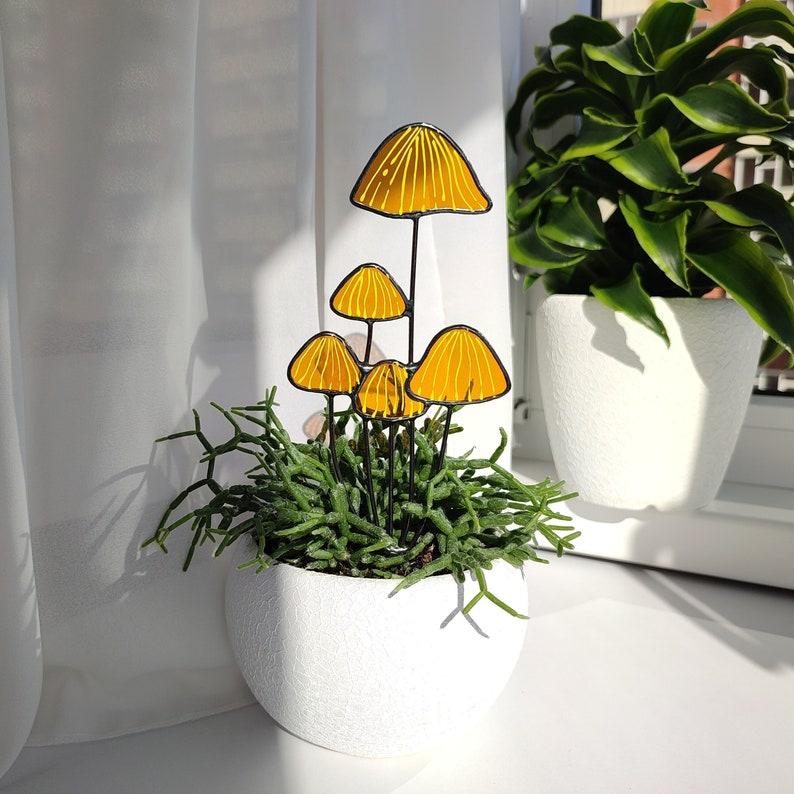 etsy Brown Mushrooms Stained Glass Plant Stake. Beautiful Handmade Decoration for Plant Lovers. Perfect Housewarming Gift