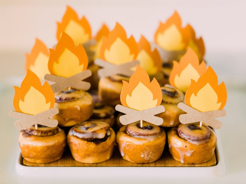 etsy Campfire Cupcake Toppers Camping Theme Party Supplies Bonfire Party Decor Camping Theme Party Lumberjack Party Decor Camp Fire Toppers