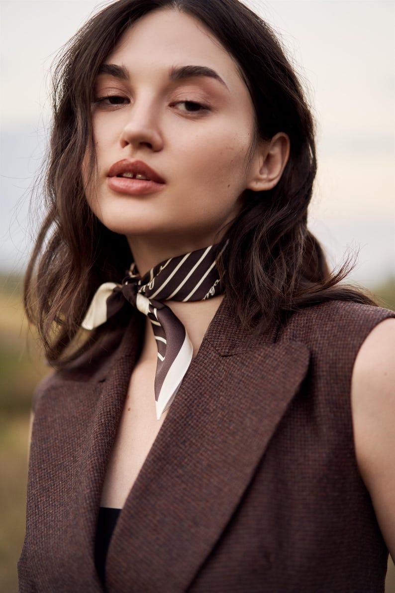 Etsy Chocolate Brown Scarf Small Natural Silk Square Head Scarf Silk Neck Scarf Silk Bandana For Women Fall Fashion Fall Silk Scarf