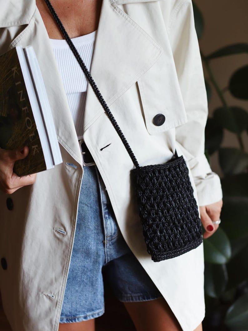 etsy Crochet Crossbody bag with vegan leather strap Mobile Phone bag Crochet purse Strap shoulder bag fall accessory Valentines Day Gift