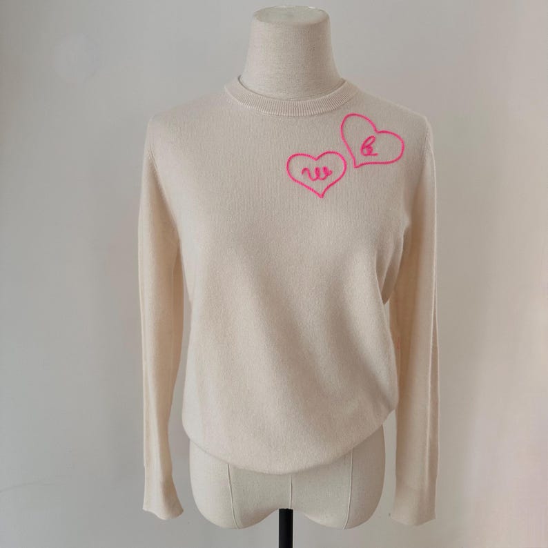 Etsy Custom Chainstitch Embroidered Cashmere Embroidered W/ 1 To 4 Hearts With Initials Or Name Up To 5 Characters/heart Women's Long Sleeve
