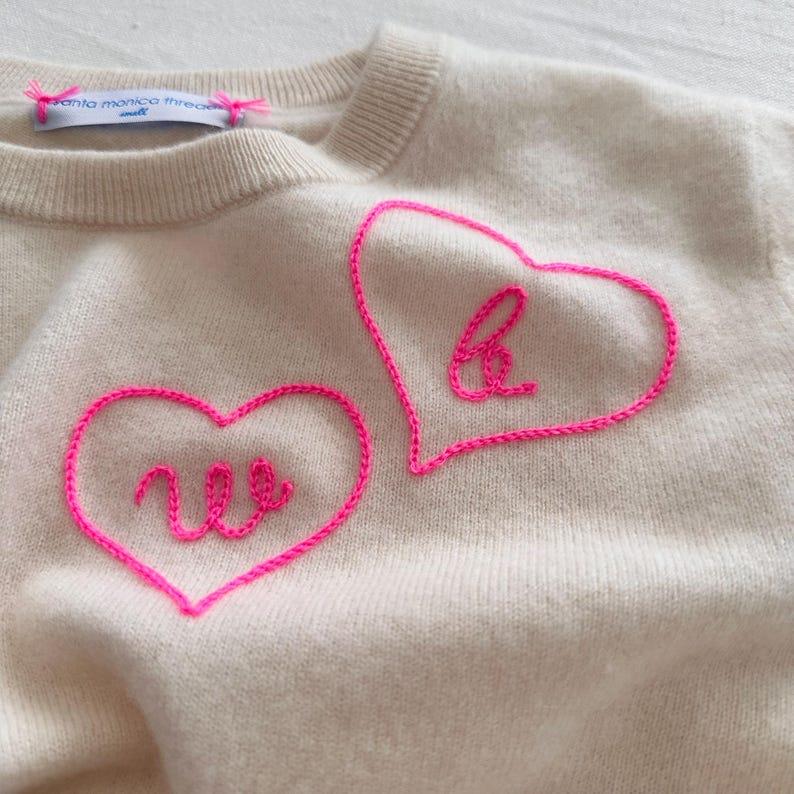 Etsy Custom Chainstitch Embroidered Cashmere Embroidered W/ 1 To 4 Hearts With Initials Or Name Up To 5 Characters/heart Women's Long Sleeve