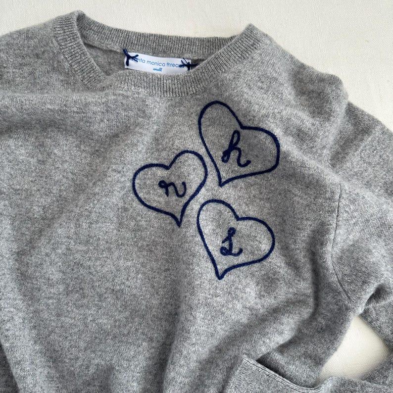 Etsy Custom Chainstitch Embroidered Cashmere Embroidered W/ 1 To 4 Hearts With Initials Or Name Up To 5 Characters/heart Women's Long Sleeve