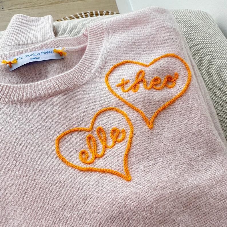 etsy Custom Chainstitch Embroidered Cashmere Embroidered w/ 1 to 4 hearts with Initials or Name Up to 5 Characters/heart Women's Long Sleeve