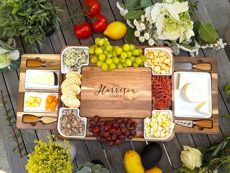 etsy Expanding Personalized Charcuterie Board Cheese Board & Knife Set w/ Drawers Realtor Closing gift Custom Charcuterie Christmas Wedding Gift