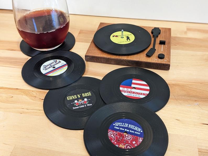 etsy Funny Vinyl Record Coasters with Turntable Holder - make a set with 26 hilarious punny options A Great gift idea for music lovers