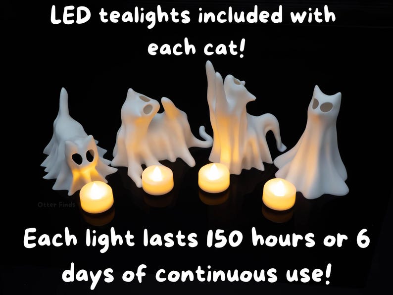 Etsy Ghost Cats With LED Tea Lights - Halloween Home Decor - Gifts For Cat Lovers - Office Desk Autumn Decor - 3D Printed Ghost Pet Night Light