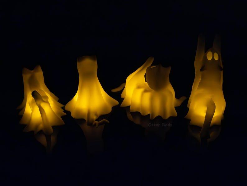 Etsy Ghost Cats With LED Tea Lights - Halloween Home Decor - Gifts For Cat Lovers - Office Desk Autumn Decor - 3D Printed Ghost Pet Night Light