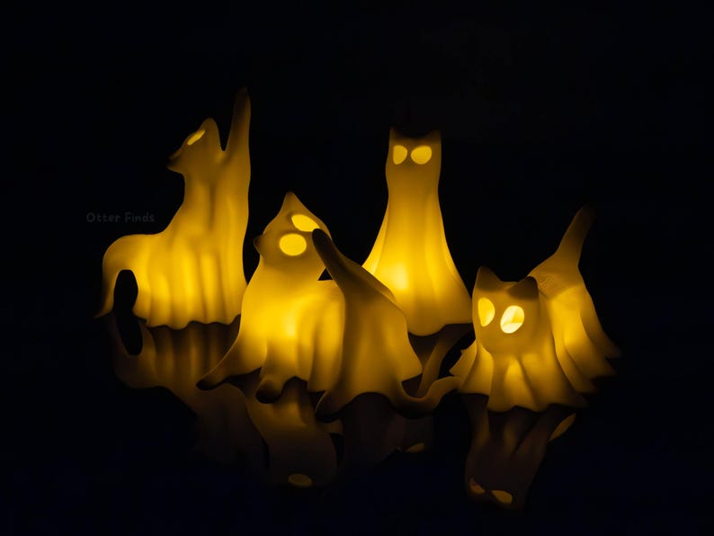 etsy Ghost Cats with LED Tea Lights - Halloween Home Decor - Gifts for Cat Lovers - Office Desk Autumn Decor - 3D Printed Ghost Pet Night Light