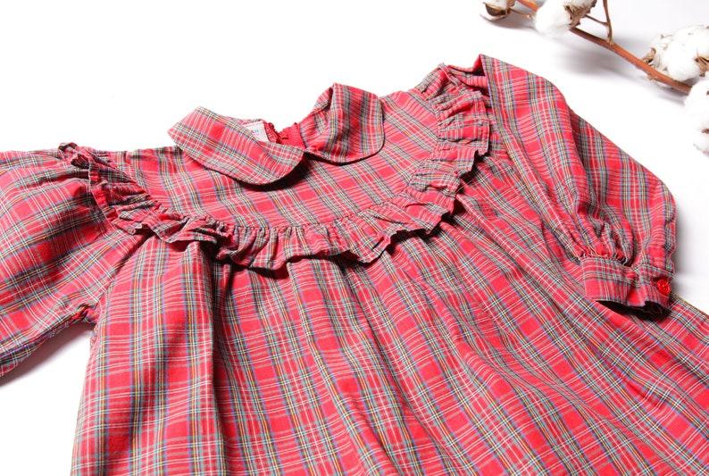 Etsy Girls Babydoll Dress Plaid Girl Dress Long Sleeve Dress Check Print Red Dress Ruffle Prairie Checkered Dress Kid Vintage Clothing Size 92