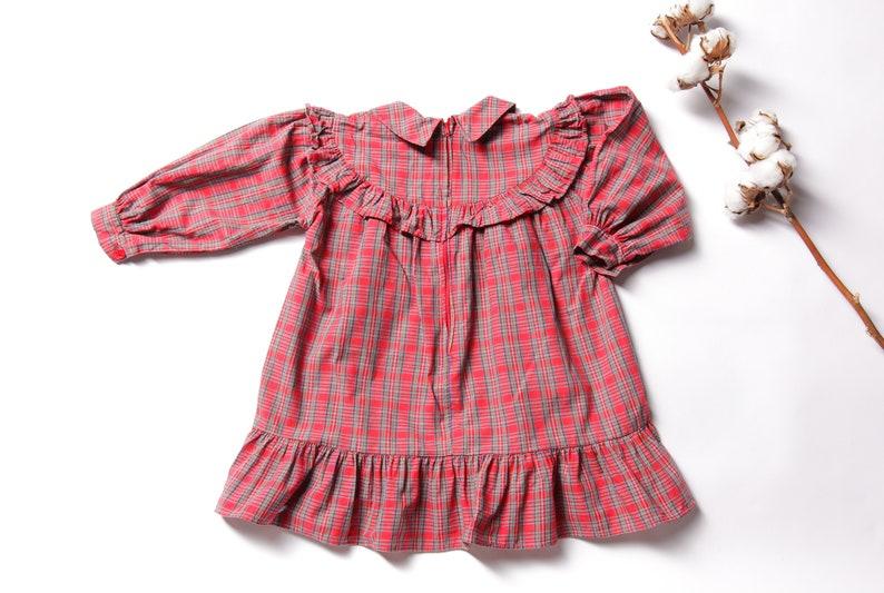Etsy Girls Babydoll Dress Plaid Girl Dress Long Sleeve Dress Check Print Red Dress Ruffle Prairie Checkered Dress Kid Vintage Clothing Size 92