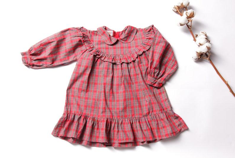 etsy Girls Babydoll Dress plaid girl dress long sleeve dress check print red dress ruffle prairie checkered dress kid vintage clothing size 92