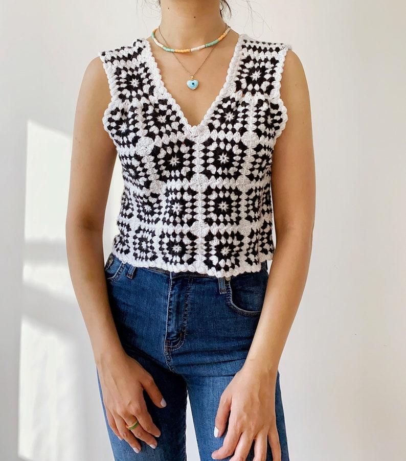 Etsy Handknitted Crochet Vest With Retro Granny Square Handmade Women Tank Top Crochet Sleeveless Top Unisex Crochet Summer Fall Outfit
