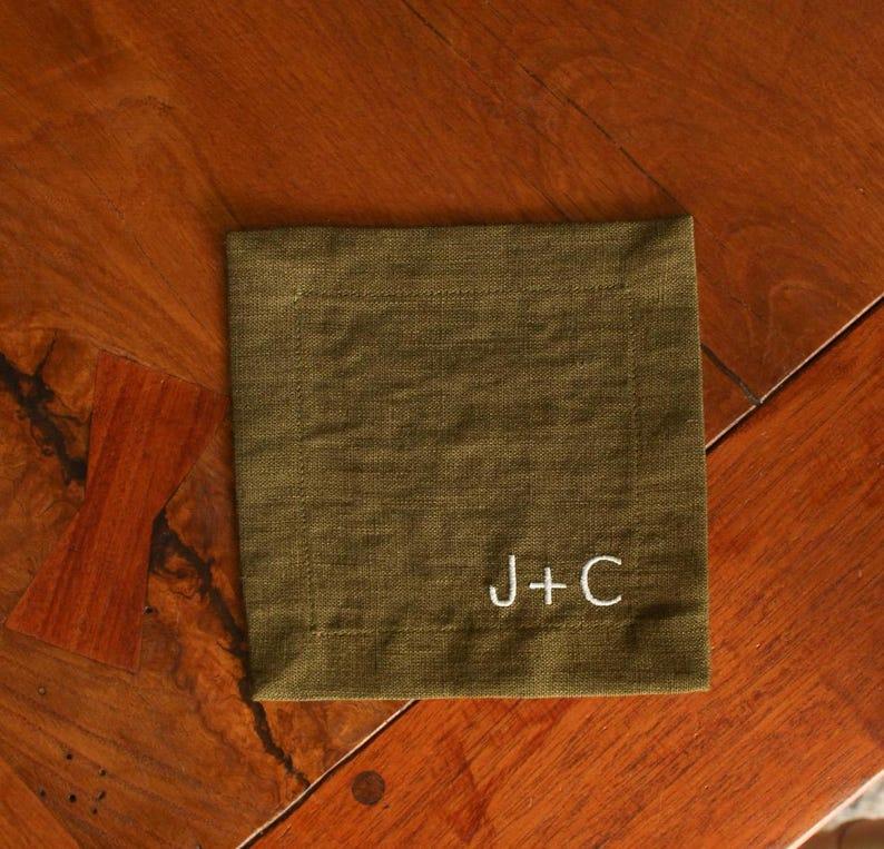 Etsy Handmade Linen Cocktail Napkins Green Monogrammed Embroidered - Set Of 4