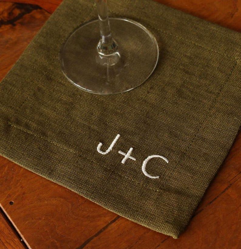 Etsy Handmade Linen Cocktail Napkins Green Monogrammed Embroidered - Set Of 4