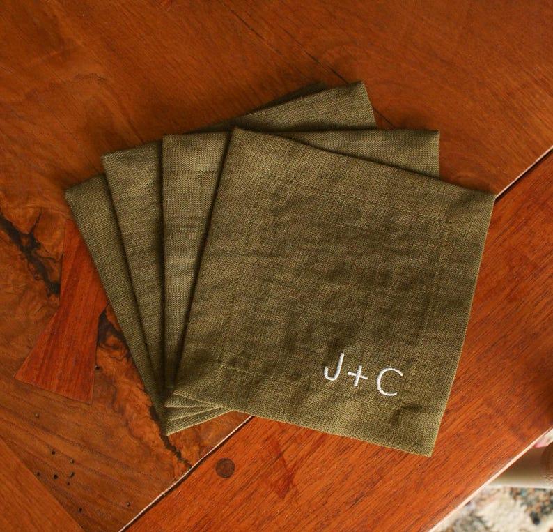 etsy Handmade Linen Cocktail Napkins Green Monogrammed Embroidered - Set of 4