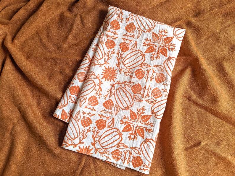 etsy Handprinted Fall Tea Towel Pumpkin Tea Towel Fall Kitchen Decor 28 x 28 inch Tea Towel Flour Sack Towel Cotton Kitchen Towel