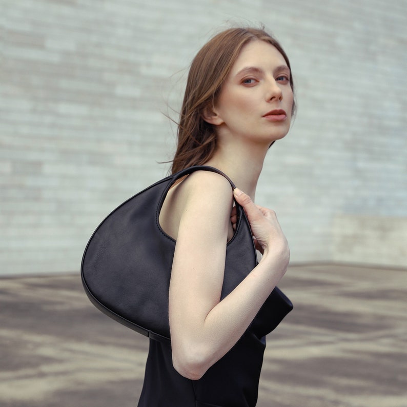 Etsy Leather Handbag Round Shoulder Bag With Zipper Modern Brown Purse For Her Anniversary Gift For Girlfriend