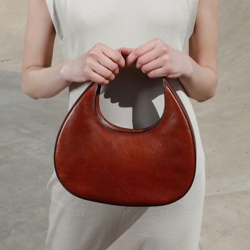 etsy Leather Handbag Round Shoulder Bag with Zipper Modern Brown Purse for Her Anniversary Gift for Girlfriend