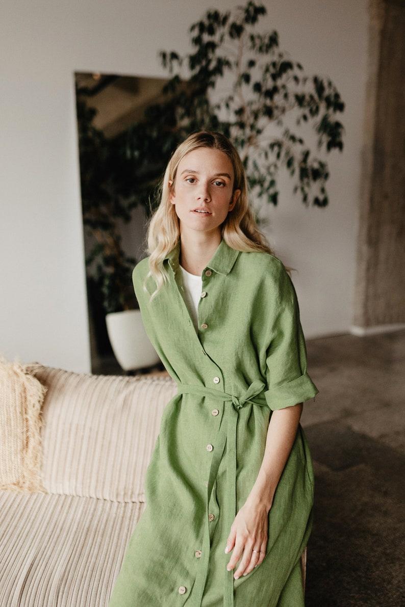 Etsy Linen Midi Dress Shirt Dress With Belt Mid Century Modern Dress With Pockets Minimalist Shirtdress Womens Clothing Linen Clothing