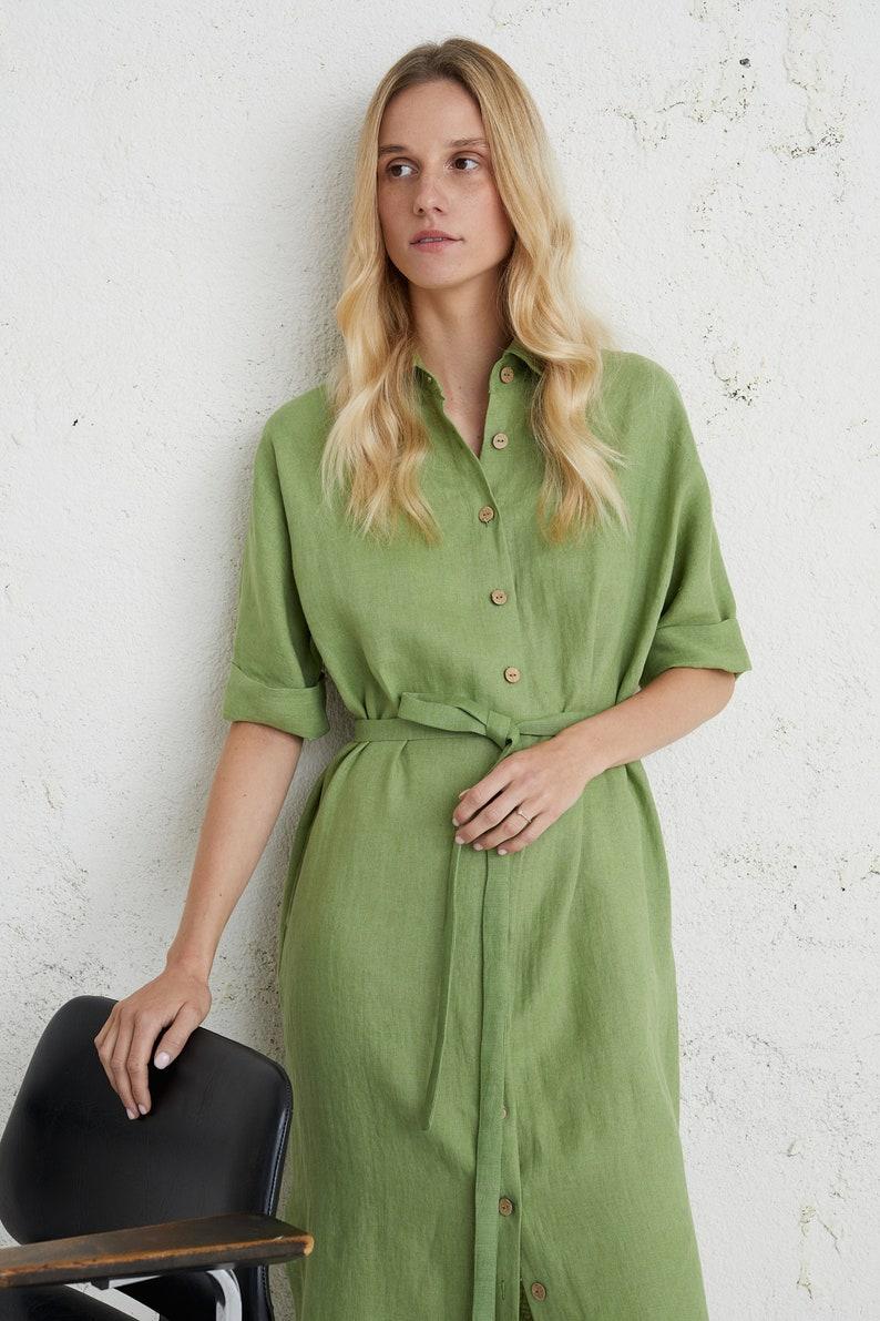 Etsy Linen Midi Dress Shirt Dress With Belt Mid Century Modern Dress With Pockets Minimalist Shirtdress Womens Clothing Linen Clothing