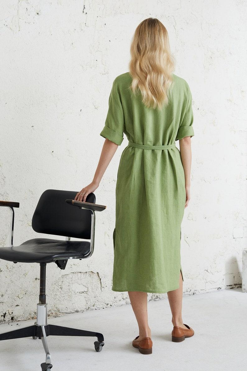 Etsy Linen Midi Dress Shirt Dress With Belt Mid Century Modern Dress With Pockets Minimalist Shirtdress Womens Clothing Linen Clothing