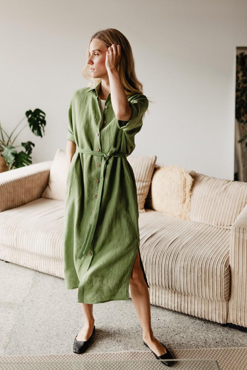 etsy Linen Midi Dress Shirt Dress With Belt Mid Century Modern Dress With Pockets Minimalist Shirtdress Womens Clothing Linen Clothing