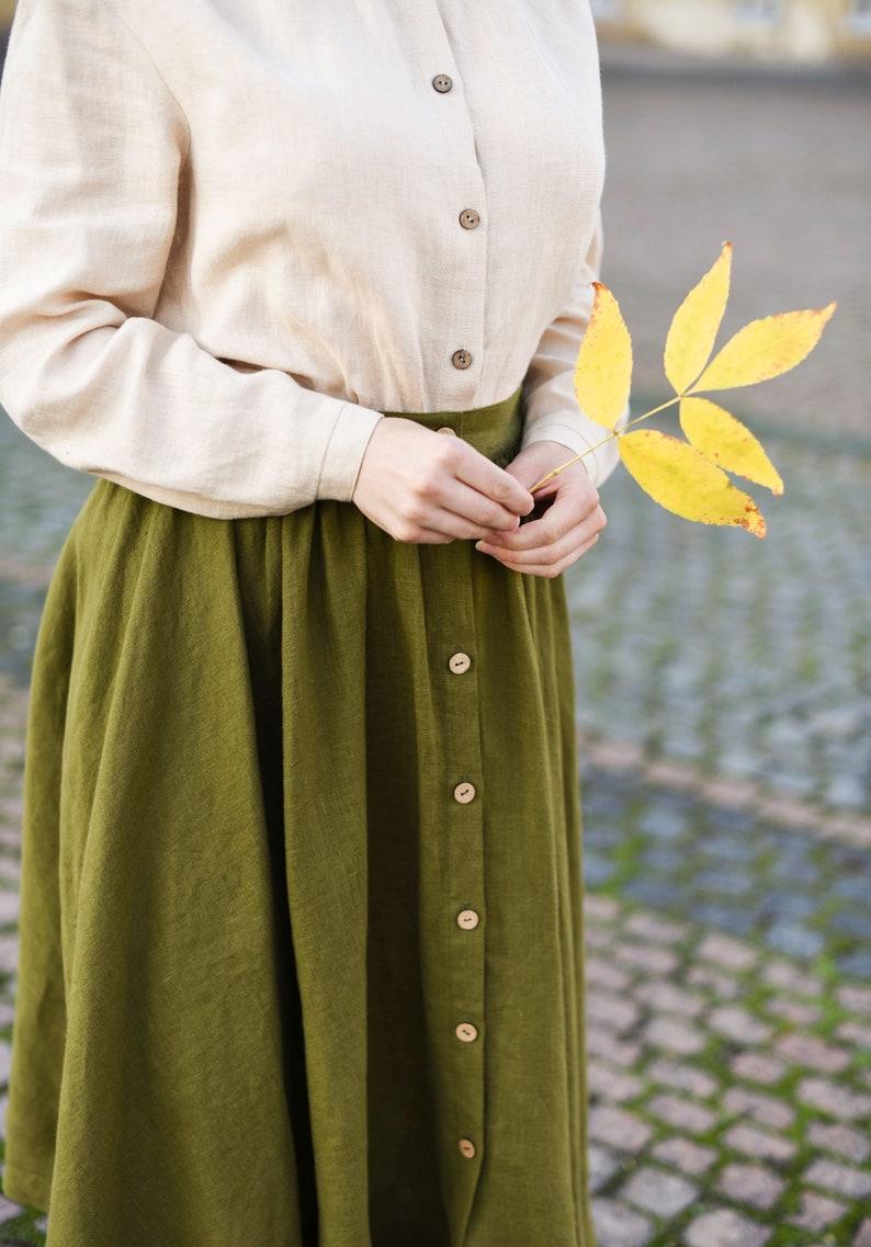 Etsy Linen Women Skirt Moss Green Twirl Skirt Button Down Skirt Suspender Skirt Vintage Style Skirt Midi Linen Skirt
