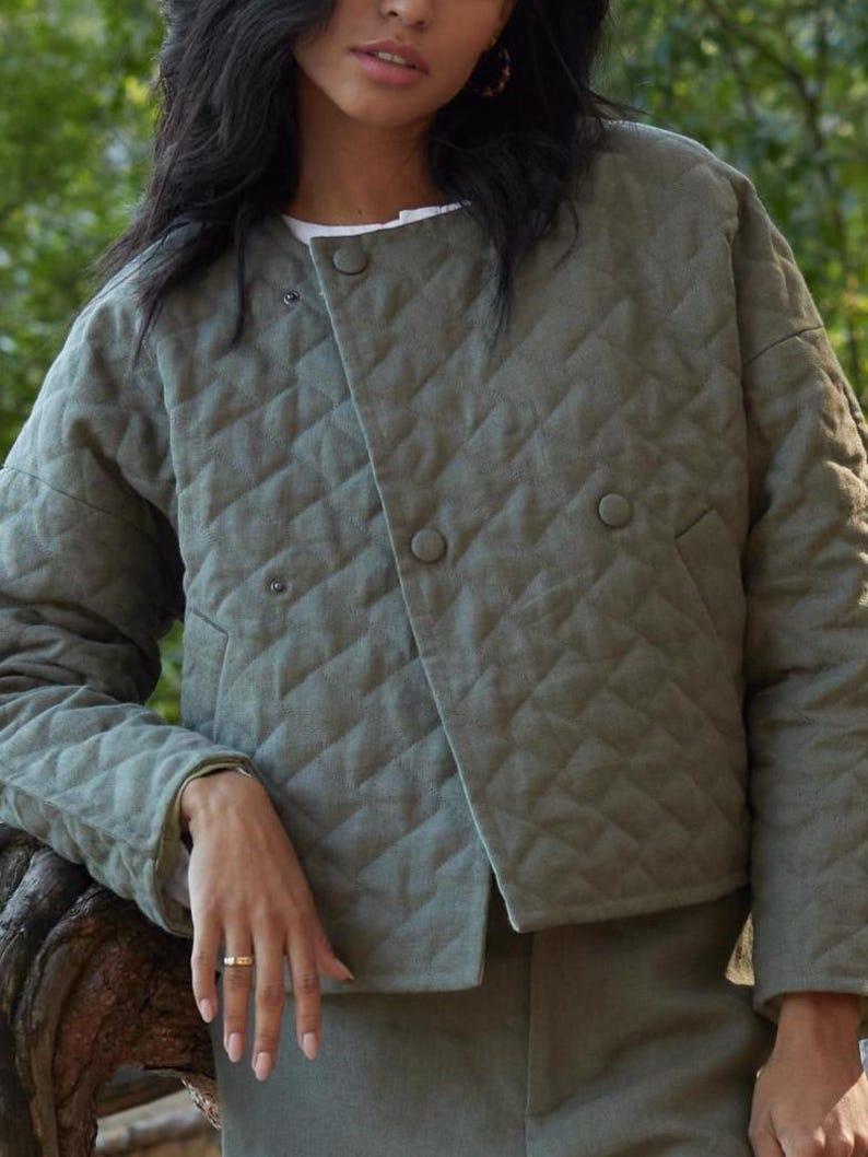 Etsy Loose Fit Linen Quilted Jacket For Women – Green Fall Outerwear With Pockets And Snap Closure – Cozy Minimalist Boho Layering Coat BOSA