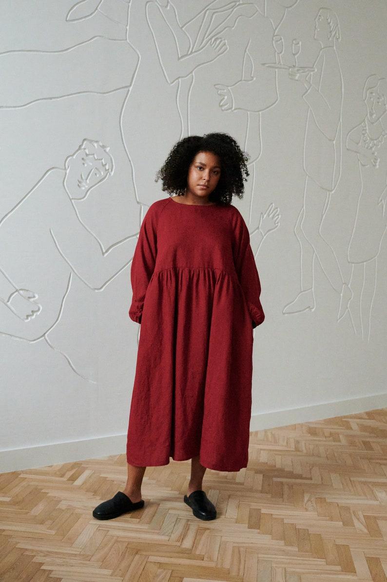 etsy Margo burgundy red linen dress -Oversized linen dress - Linen dress - Fall linen dress - Long linen dress