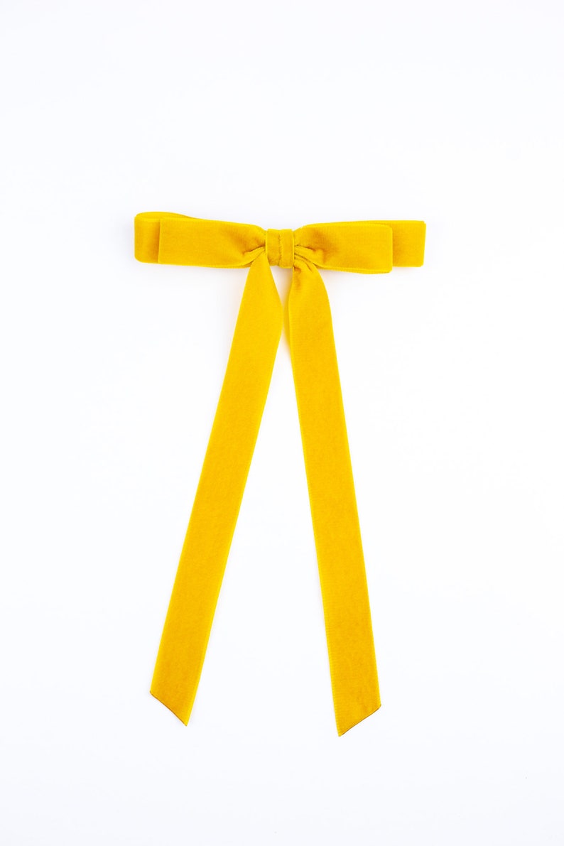 Etsy Marigold Mustard Velvet Hair Bow Long Ribbon Tails French Barrette | Grace & Grandeur Alice Long Bow