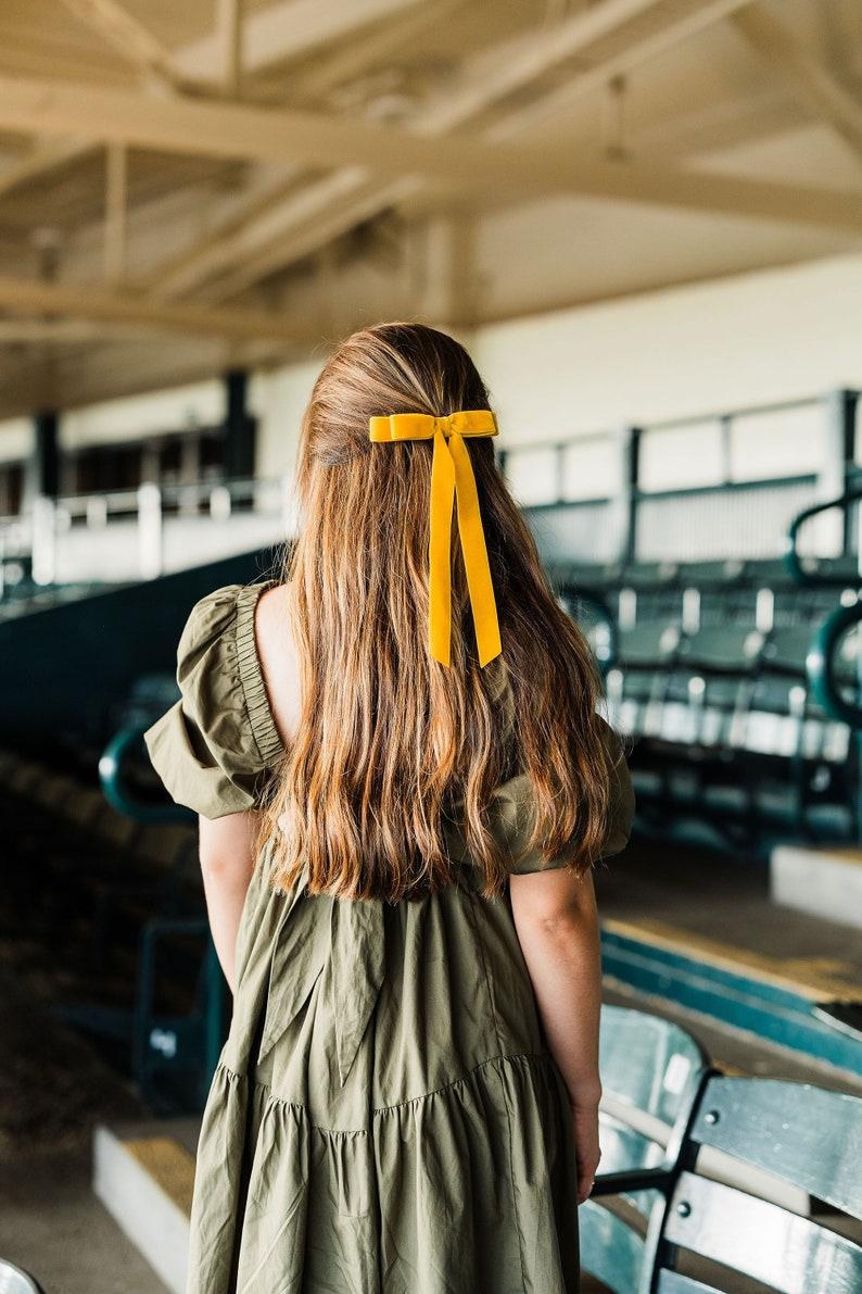 Etsy Marigold Mustard Velvet Hair Bow Long Ribbon Tails French Barrette | Grace & Grandeur Alice Long Bow