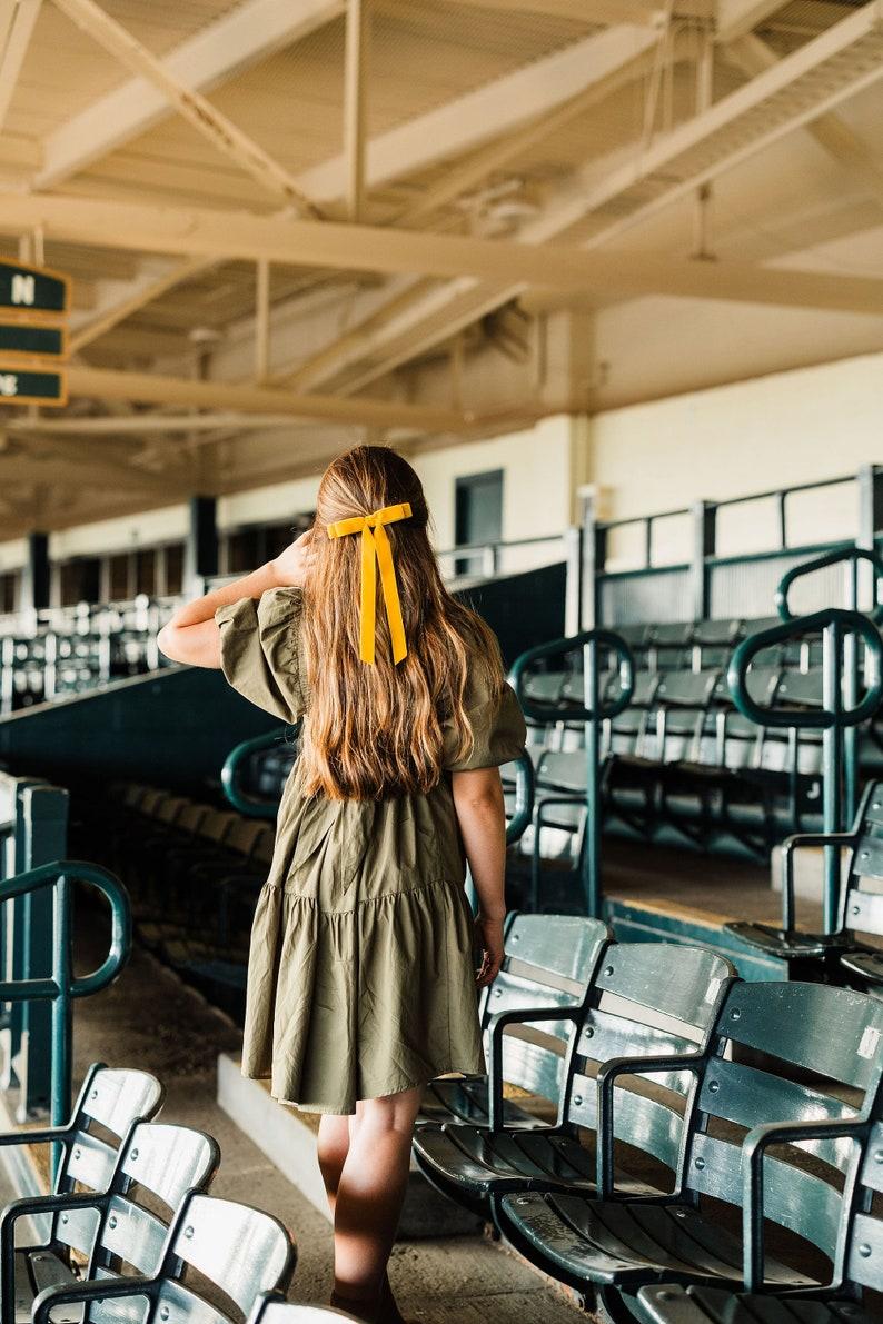 Etsy Marigold Mustard Velvet Hair Bow Long Ribbon Tails French Barrette | Grace & Grandeur Alice Long Bow