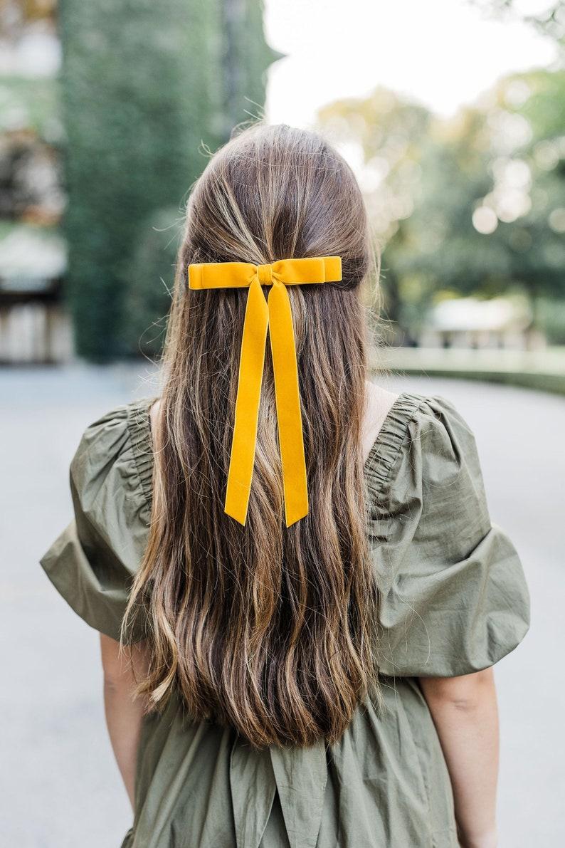 etsy Marigold Mustard Velvet Hair Bow Long Ribbon Tails French Barrette | Grace & Grandeur Alice Long Bow