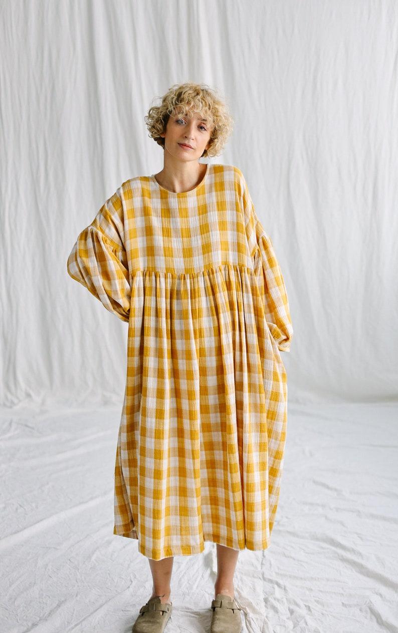 Etsy Mustard Checks Oversized Double Gauze Dress GRETA • OFFON CLOTHING