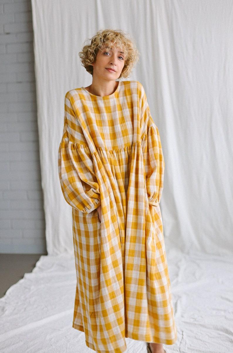 etsy Mustard checks oversized double gauze dress GRETA • OFFON CLOTHING