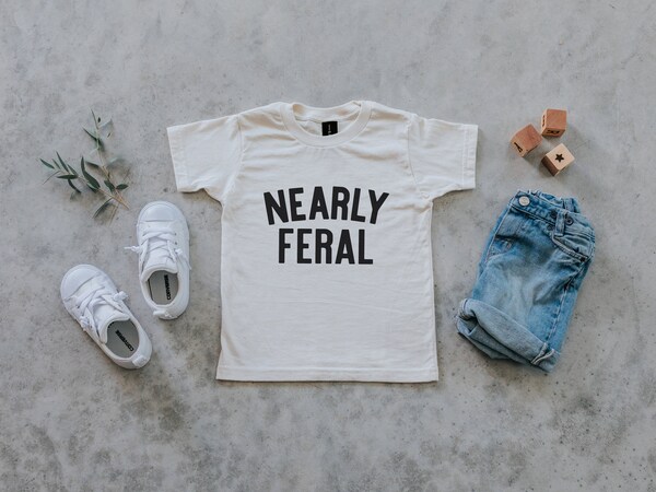 Etsy Nearly Feral Baby And Kids Tee • Funny Organic Cotton Graphic Tee For Wild Little Ones • Feral Kids T-Shirt In Natural • FREE SHIPPING