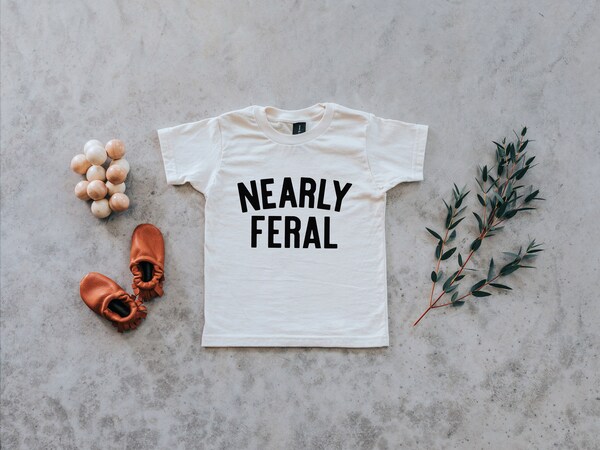 etsy Nearly Feral Baby and Kids Tee • Funny Organic Cotton Graphic Tee for Wild Little Ones • Feral Kids T-Shirt in Natural • FREE SHIPPING