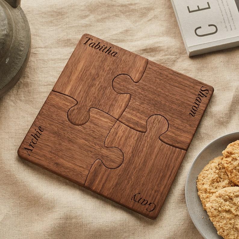 Etsy Personalised Wood Set Of Four Coasters. Personalized Four Piece Jigsaw Coaster Set. Solid Walnut Wood. Birthday / Housewarming Gift