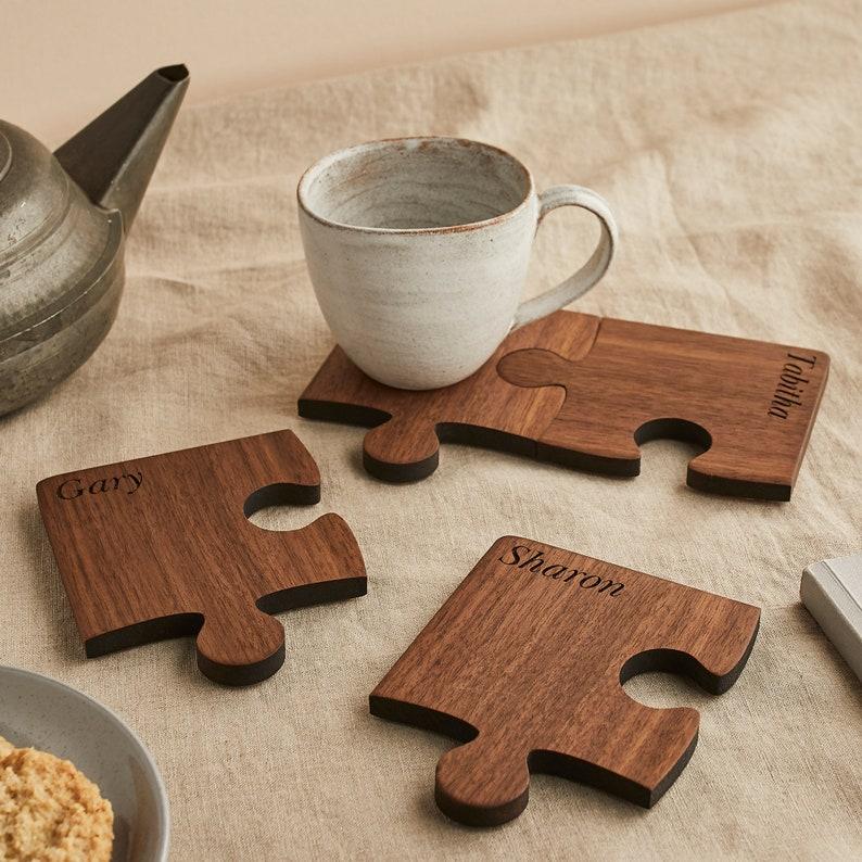 etsy Personalised Wood Set Of Four Coasters. Personalized Four Piece Jigsaw Coaster Set. Solid Walnut Wood. Birthday / Housewarming Gift