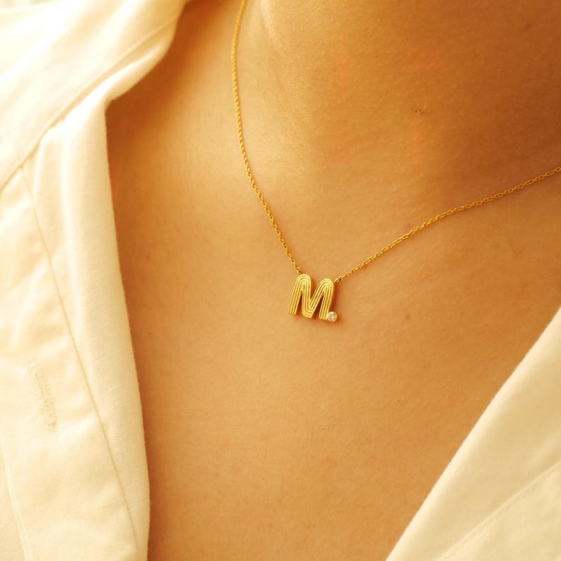 Etsy Personalized Initial Diamond Necklace 14k Solid Gold Natural Diamonds Stacking Flute Letter Charm Everyday Minimalist Custom Jewelry