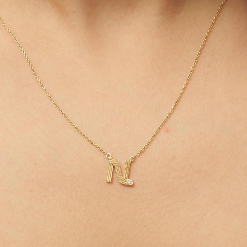Etsy Personalized Initial Diamond Necklace 14k Solid Gold Natural Diamonds Stacking Flute Letter Charm Everyday Minimalist Custom Jewelry