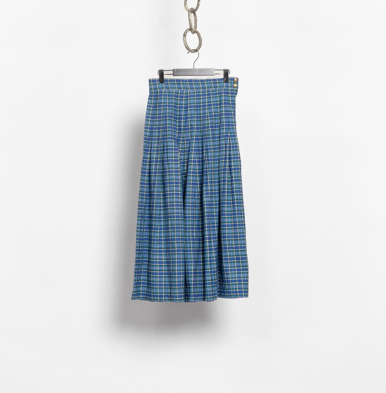 Etsy PLAID MAXI SKIRT Vintage 90's Blue Checkered Pattern Fall Spring High Waist / Inch Waist